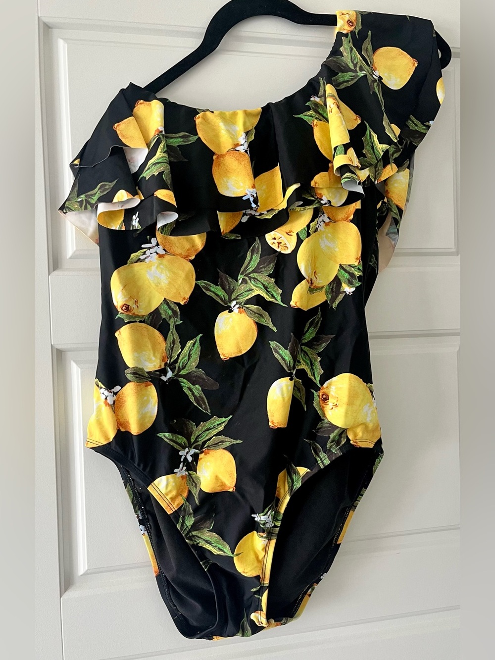 One-Shoulder Lemon Print Swim One-Piece in Black and Yellow - Picture 1 of 8